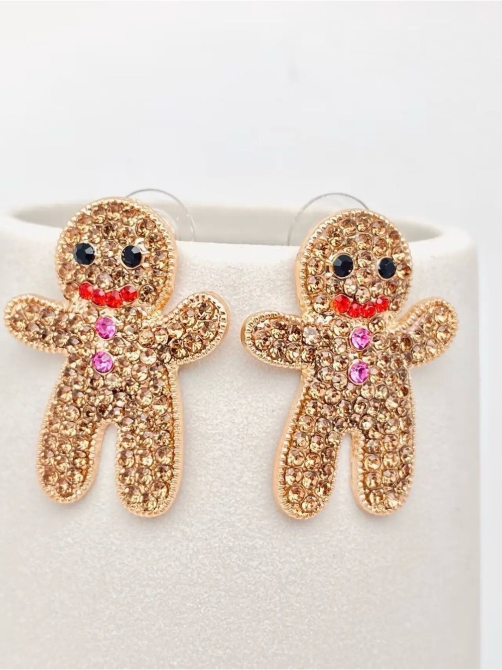 Gold Crystal Gingerbread Stud Earrings with Pink Accents